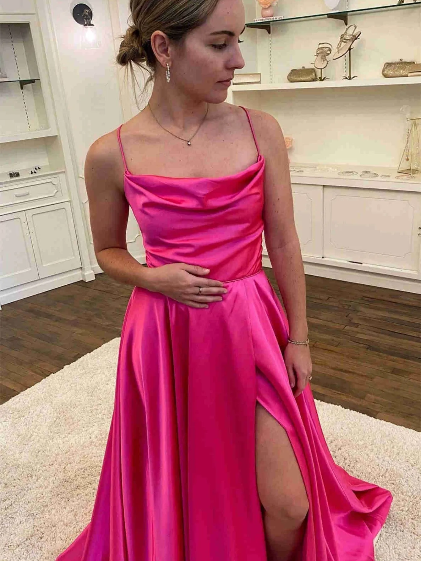 Roycebridal Araya |A Line Cowl Neck Satin Prom Dress With Slit