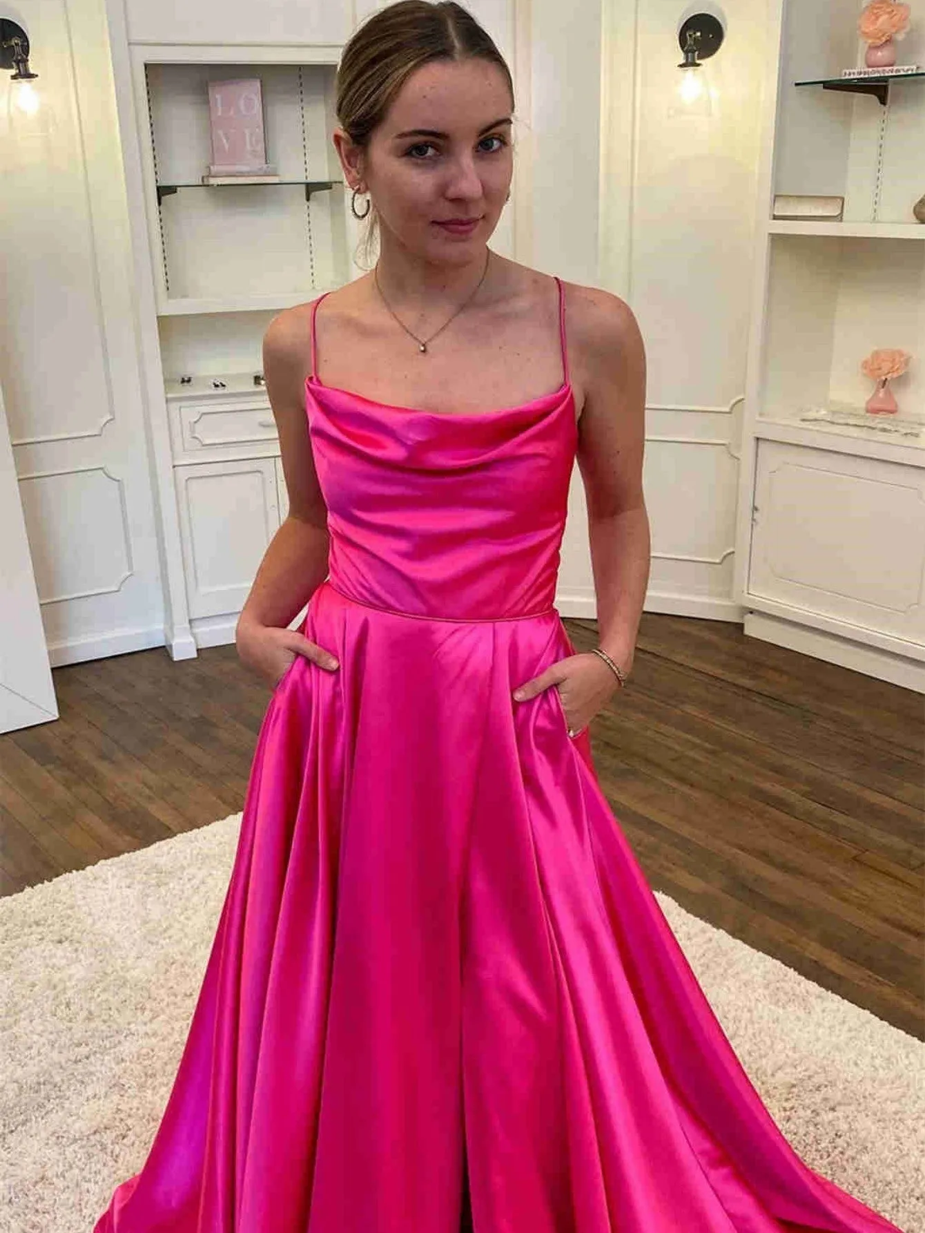 Roycebridal Araya |A Line Cowl Neck Satin Prom Dress With Slit
