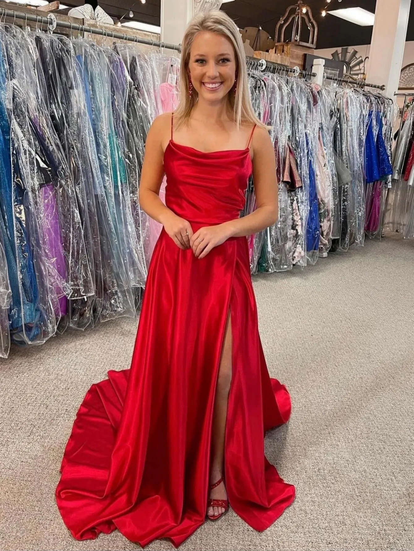 Roycebridal Araya |A Line Cowl Neck Satin Prom Dress With Slit
