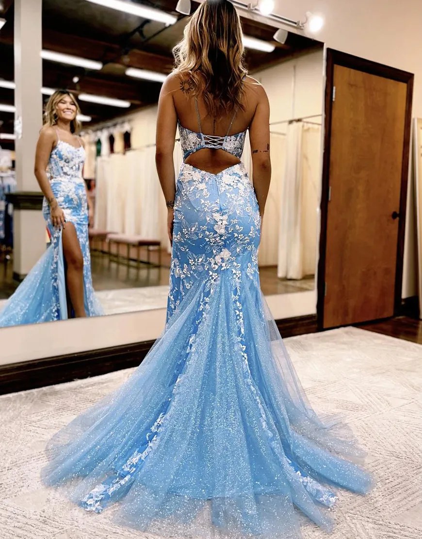 Roycebridal Aubrie |Mermaid Spaghetti Straps Lace Tulle Prom Dress with Slit