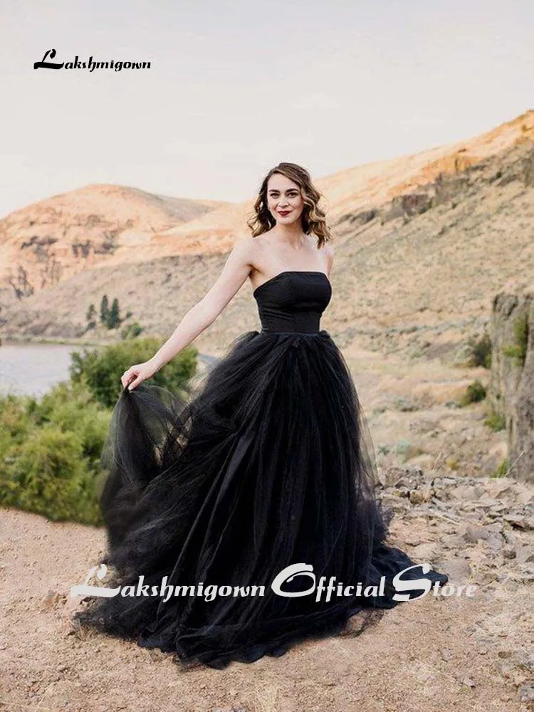 Roycebridal Black Wedding Dress Tulle Strapless Lace up Back 2021 Gothic Wedding Dress Court Train Bridal Gown wedding gown Vestido De Noiva