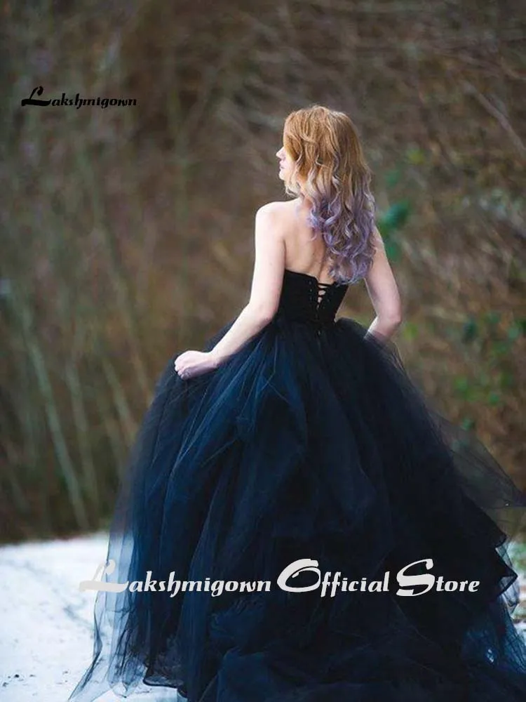 Roycebridal Black Wedding Dress Tulle Strapless Lace up Back 2021 Gothic Wedding Dress Court Train Bridal Gown wedding gown Vestido De Noiva