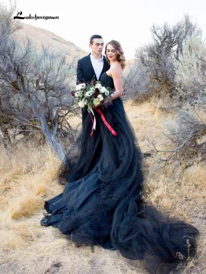 Roycebridal Black Wedding Dress Tulle Strapless Lace up Back 2021 Gothic Wedding Dress Court Train Bridal Gown wedding gown Vestido De Noiva