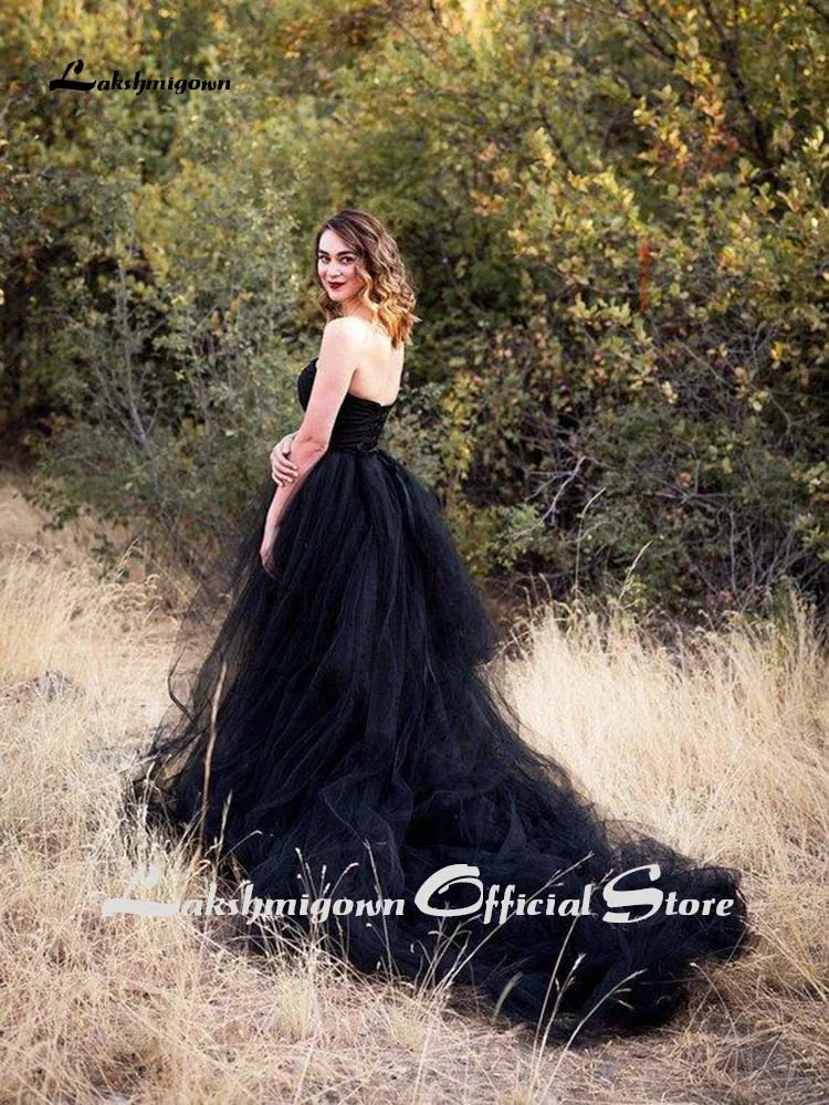 Roycebridal Black Wedding Dress Tulle Strapless Lace up Back 2021 Gothic Wedding Dress Court Train Bridal Gown wedding gown Vestido De Noiva