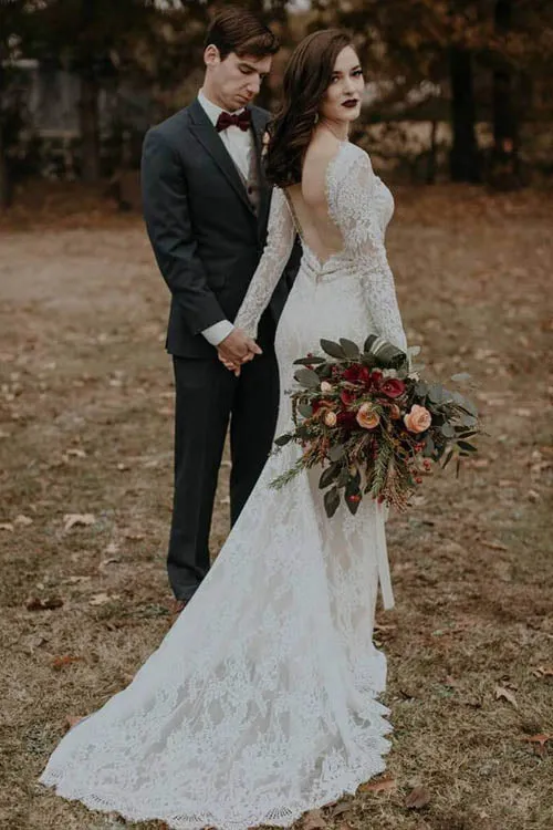 Roycebridal Elegant Vintage Ivory Backless Long Sleeve Rustic Lace Wedding Dresses, MW264
