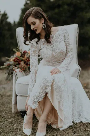 Roycebridal Elegant Vintage Ivory Backless Long Sleeve Rustic Lace Wedding Dresses, MW264