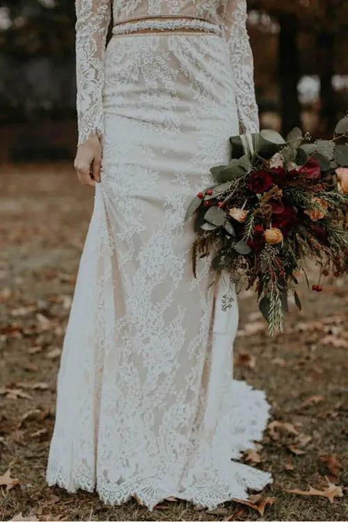 Roycebridal Elegant Vintage Ivory Backless Long Sleeve Rustic Lace Wedding Dresses, MW264