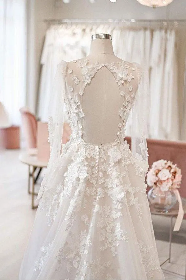 Roycebridal Ivory Tulle A-line V-neck Long Sleeves Court Train Wedding Dresses, MW971