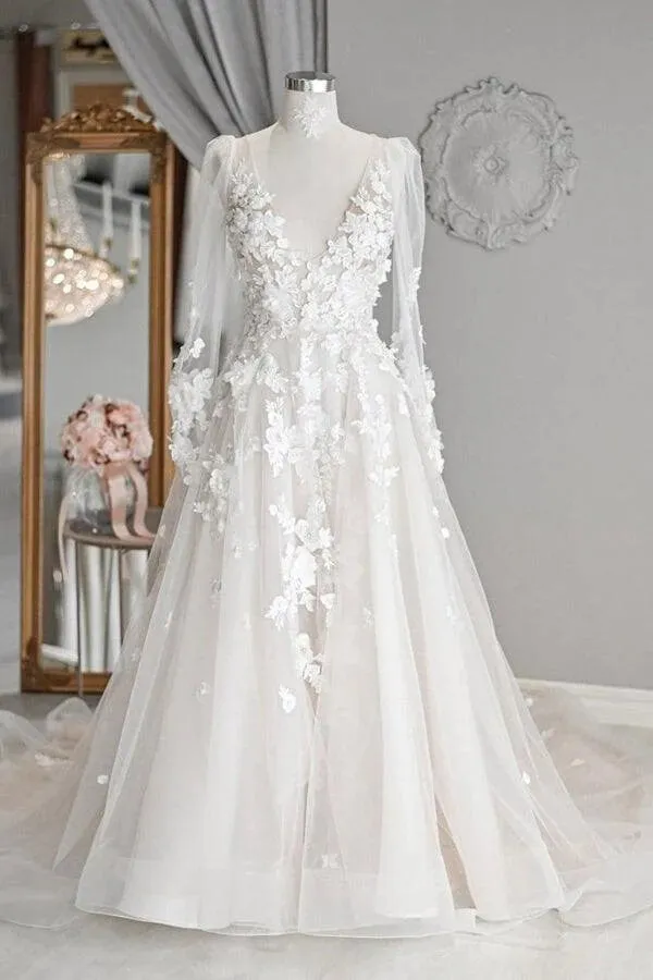 Roycebridal Ivory Tulle A-line V-neck Long Sleeves Court Train Wedding Dresses, MW971