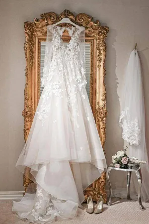 Roycebridal Ivory Tulle A-line V-neck Long Sleeves Court Train Wedding Dresses, MW971