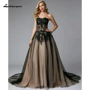 Roycebridal Lakshmigown Black Wedding Dress Gothic Colorful Gowns Lace Applique Strapless Amazing A Line Bridal Gown robe de mariage