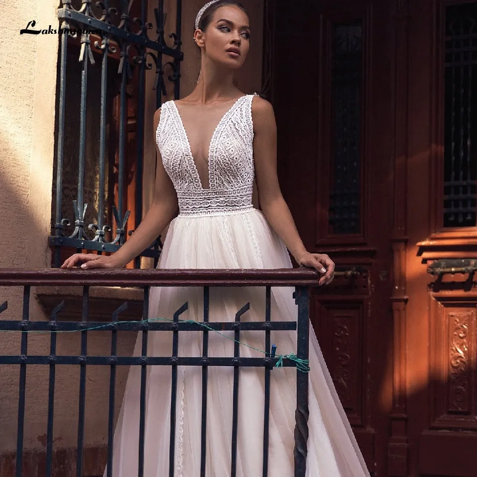 Roycebridal Lakshmigown Sexy Boho Bridal Beach Wedding Dress 2021 Robes Sukienka A Line Wedding Dresses Lace Bodice Plunging Backless