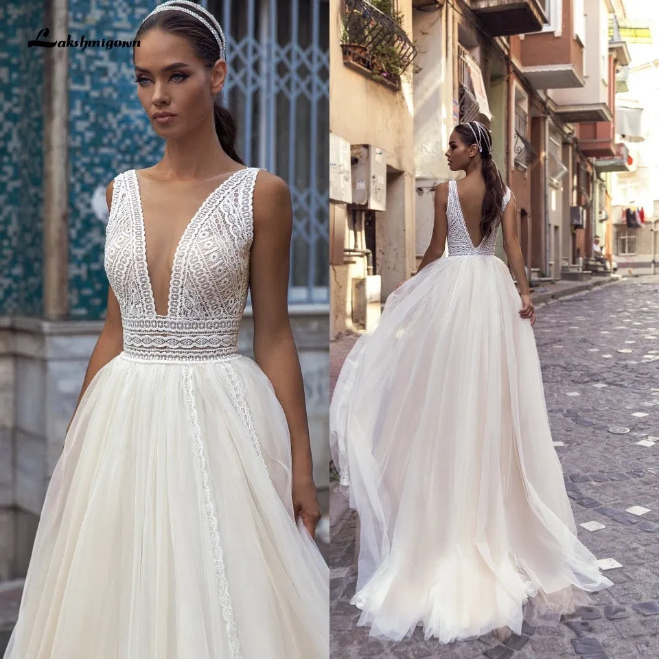 Roycebridal Lakshmigown Sexy Boho Bridal Beach Wedding Dress 2021 Robes Sukienka A Line Wedding Dresses Lace Bodice Plunging Backless