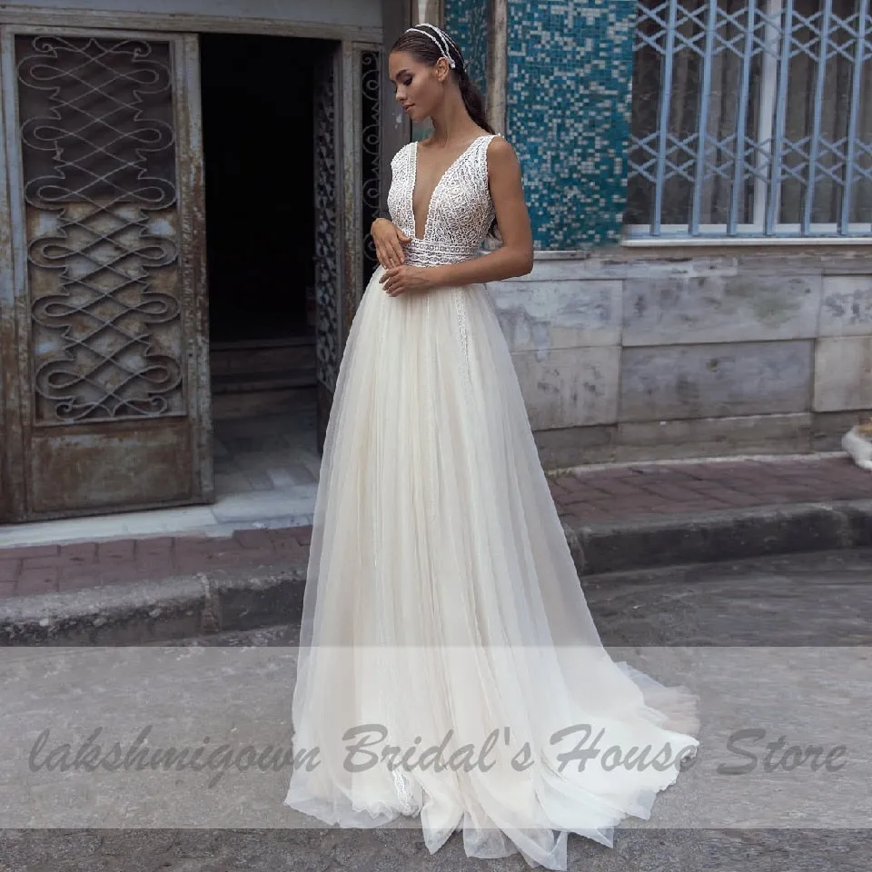 Roycebridal Lakshmigown Sexy Boho Bridal Beach Wedding Dress 2021 Robes Sukienka A Line Wedding Dresses Lace Bodice Plunging Backless