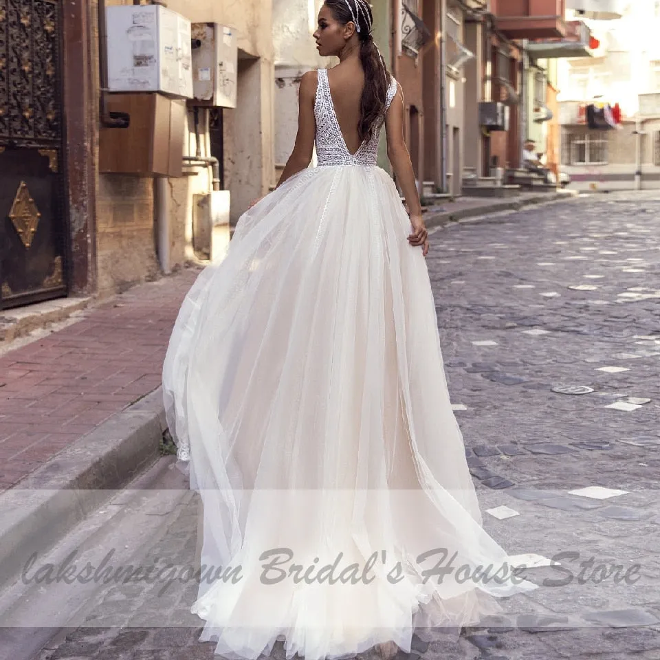 Roycebridal Lakshmigown Sexy Boho Bridal Beach Wedding Dress 2021 Robes Sukienka A Line Wedding Dresses Lace Bodice Plunging Backless