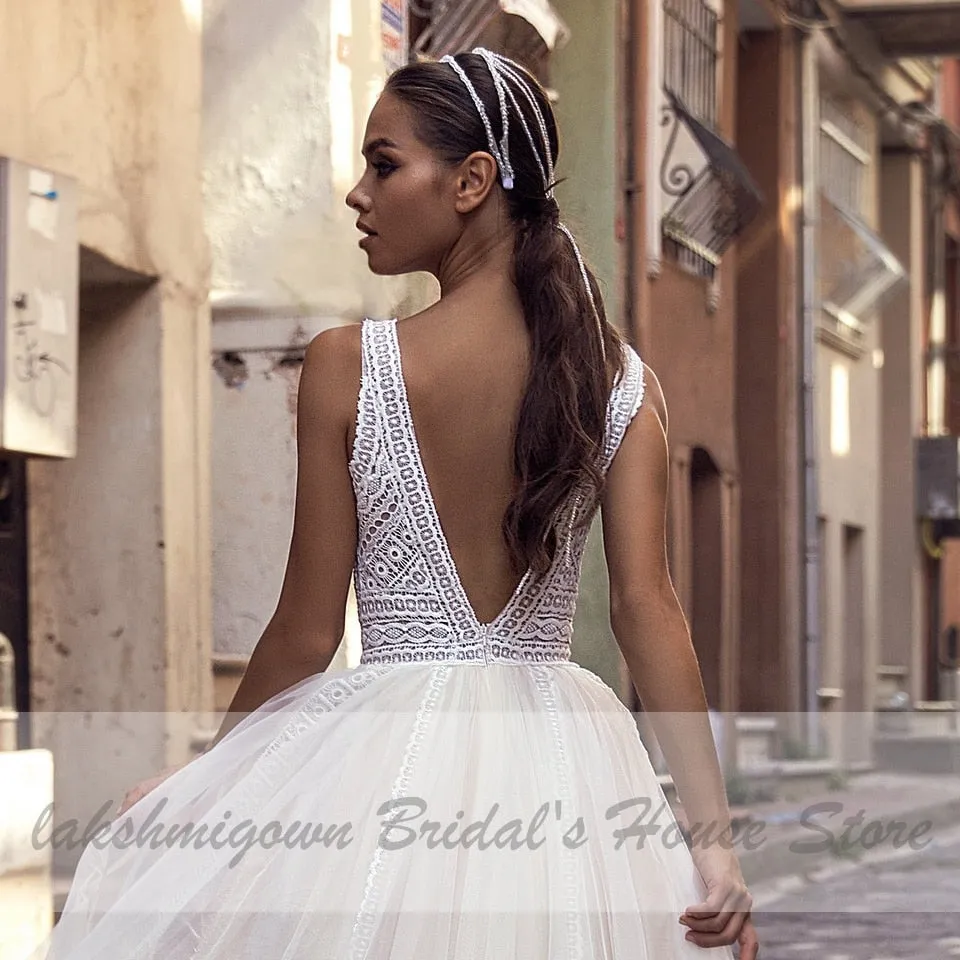 Roycebridal Lakshmigown Sexy Boho Bridal Beach Wedding Dress 2021 Robes Sukienka A Line Wedding Dresses Lace Bodice Plunging Backless