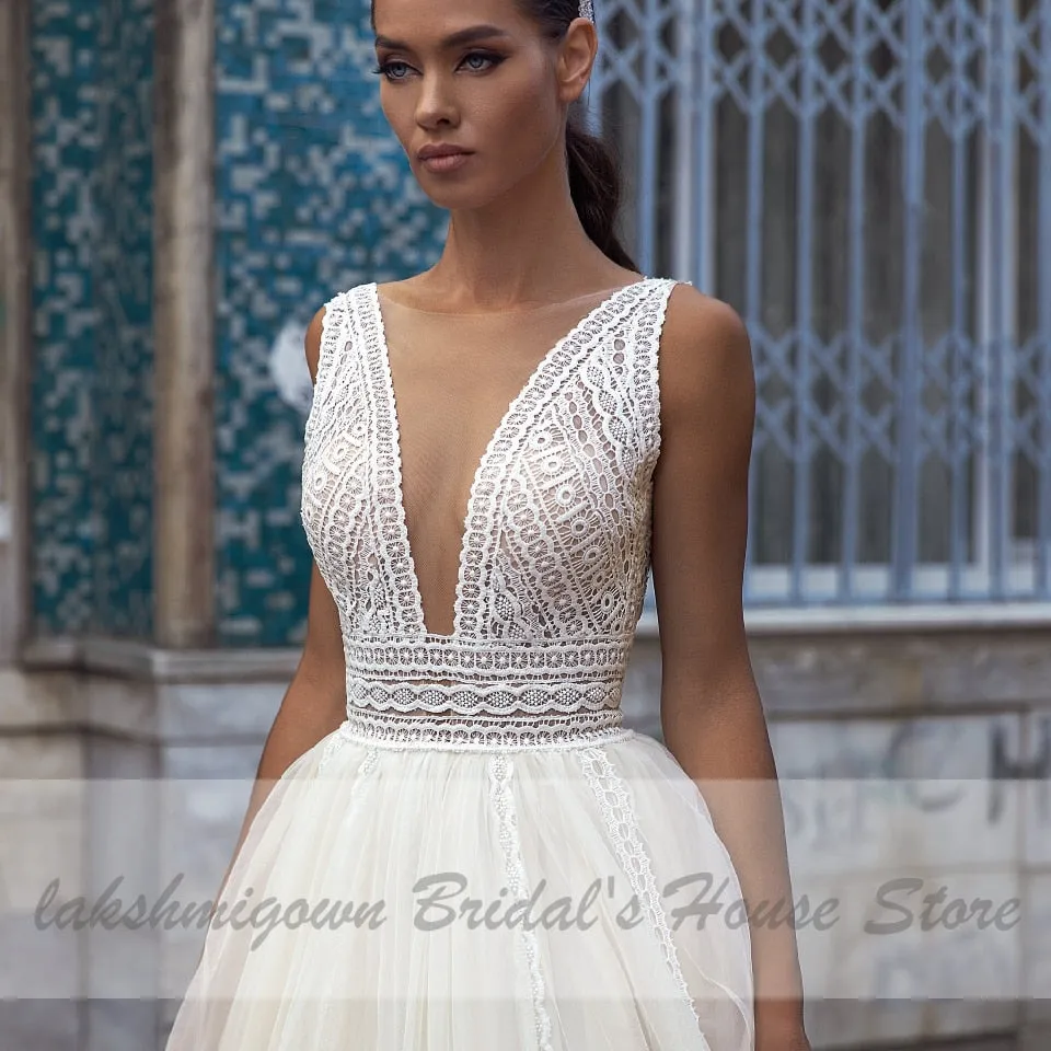 Roycebridal Lakshmigown Sexy Boho Bridal Beach Wedding Dress 2021 Robes Sukienka A Line Wedding Dresses Lace Bodice Plunging Backless