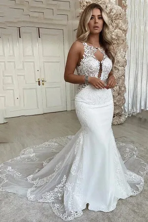 Roycebridal Mermaid Deep V-neck Backless Lace Wedding Dresses With Chapel Train, MW809