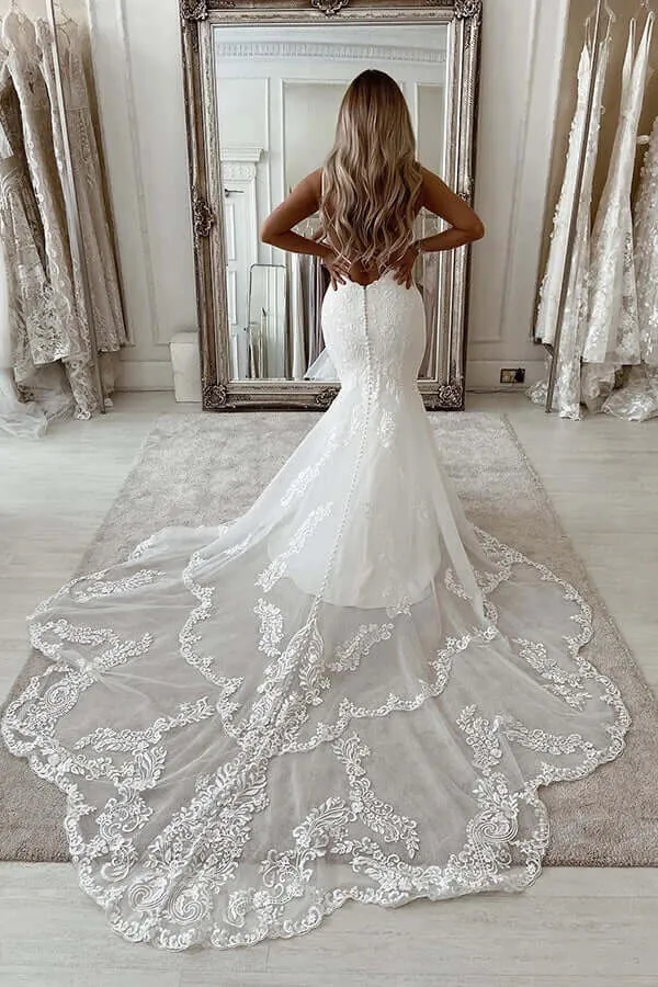Roycebridal Mermaid Deep V-neck Backless Lace Wedding Dresses With Chapel Train, MW809