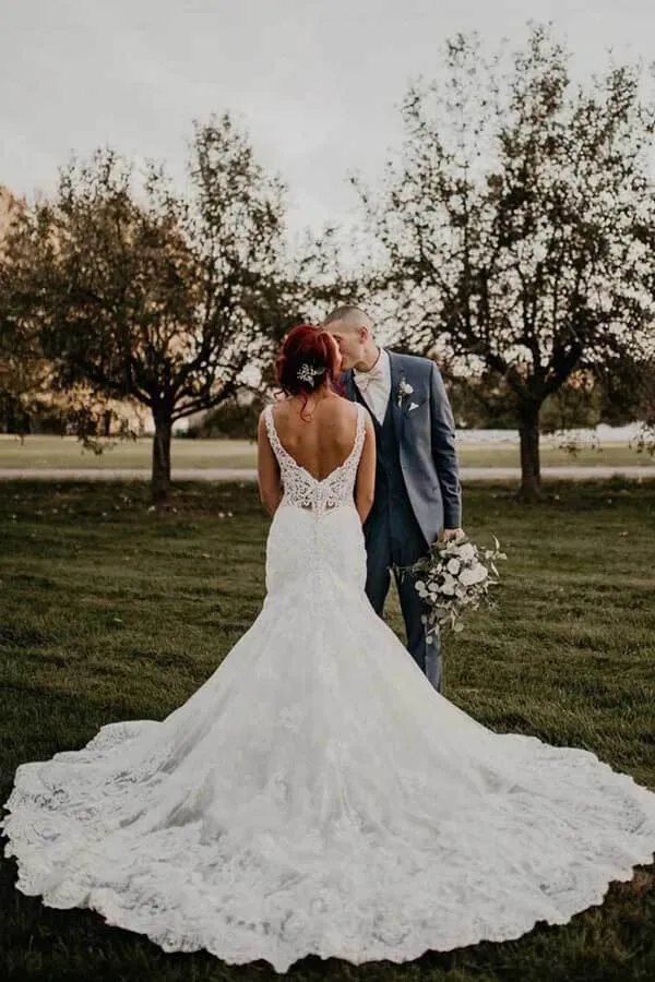 Roycebridal Mermaid V-neck Lace Beaded Wedding Dresses With Train, Bridal Gown, MW802
