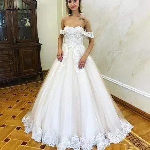 Roycebridal Off Shoulder Princess Bridal Gown Vintage Lace Appliques Wedding Dresses