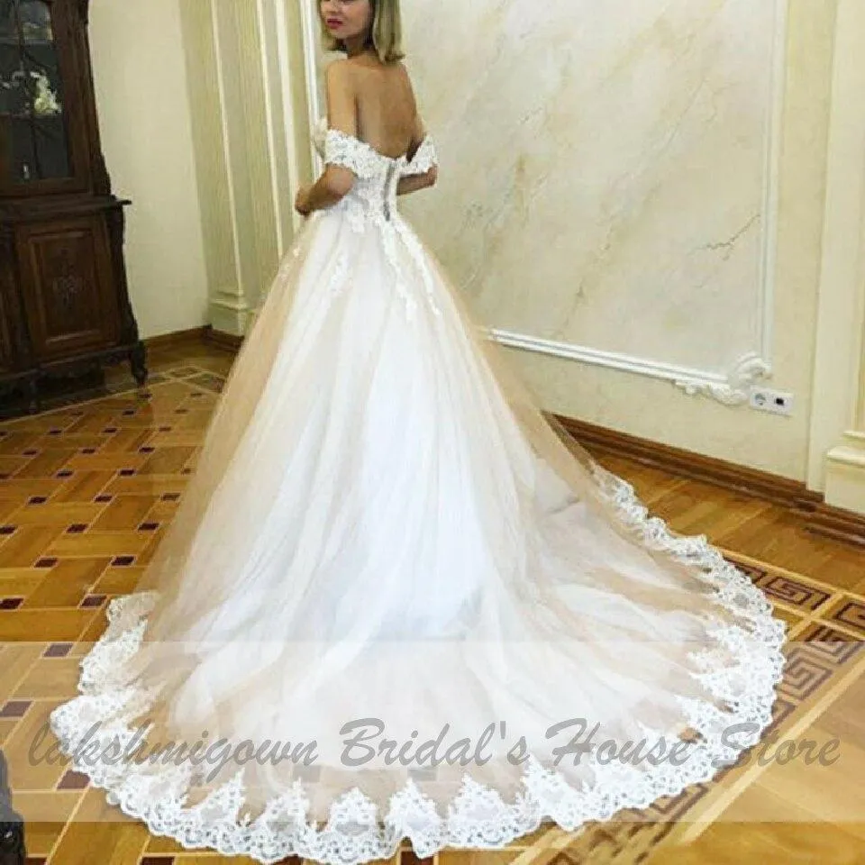 Roycebridal Off Shoulder Princess Bridal Gown Vintage Lace Appliques Wedding Dresses