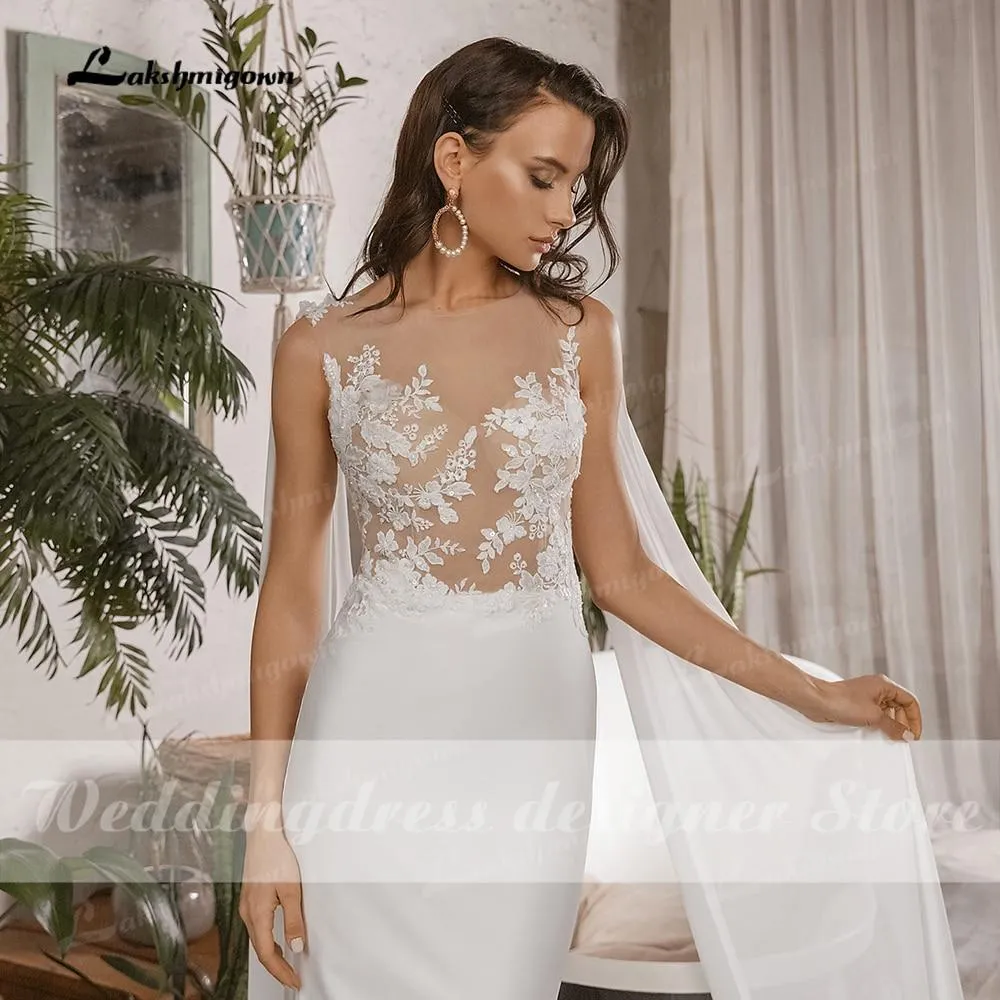 Roycebridal Simple Boho Mermaid Wedding Dresses with Cap Sleeveless Scoop Neck Satin Elegant Lace Appliques Bridal Gowns vestido de novia