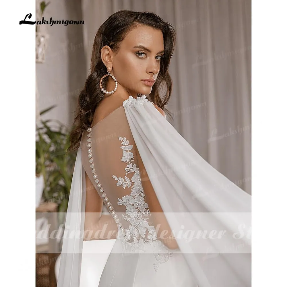Roycebridal Simple Boho Mermaid Wedding Dresses with Cap Sleeveless Scoop Neck Satin Elegant Lace Appliques Bridal Gowns vestido de novia