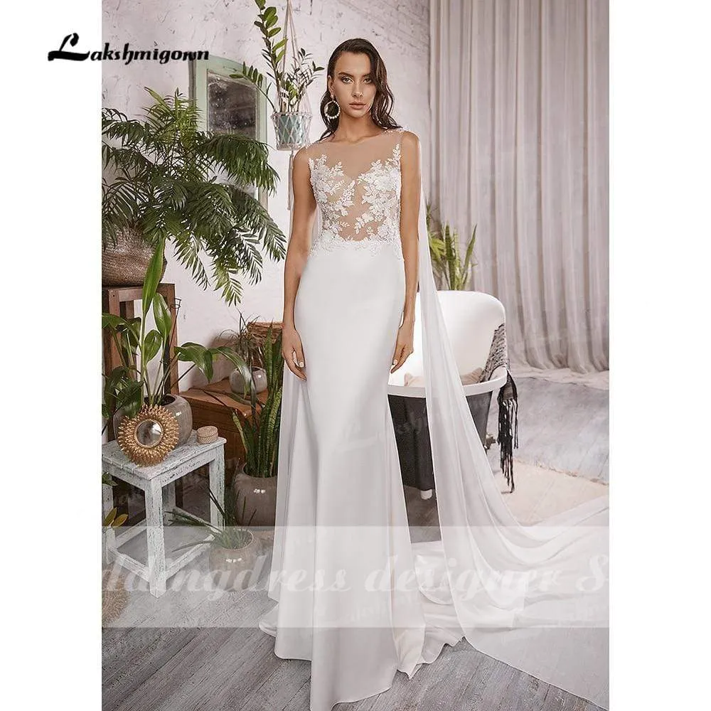 Roycebridal Simple Boho Mermaid Wedding Dresses with Cap Sleeveless Scoop Neck Satin Elegant Lace Appliques Bridal Gowns vestido de novia