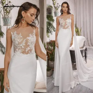 Roycebridal Simple Boho Mermaid Wedding Dresses with Cap Sleeveless Scoop Neck Satin Elegant Lace Appliques Bridal Gowns vestido de novia
