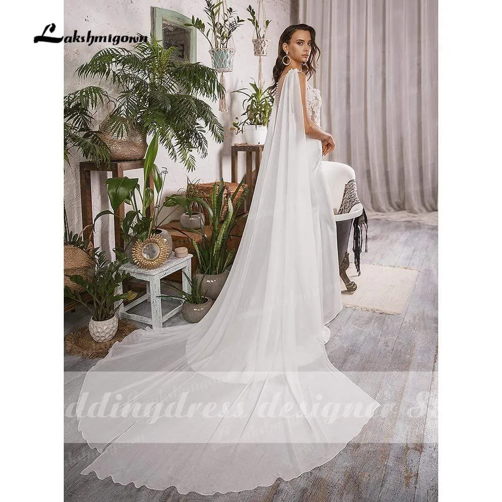 Roycebridal Simple Boho Mermaid Wedding Dresses with Cap Sleeveless Scoop Neck Satin Elegant Lace Appliques Bridal Gowns vestido de novia