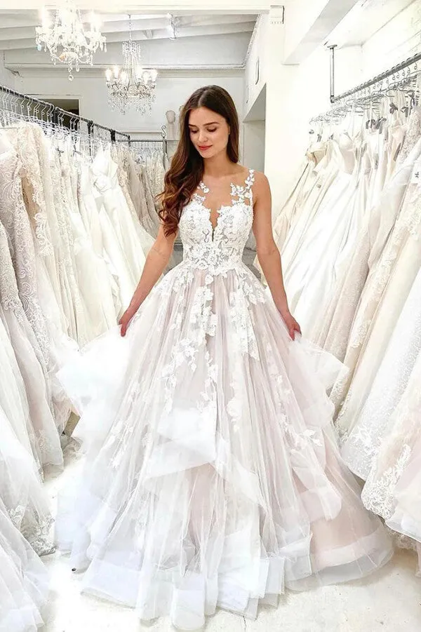Roycebridal Tulle A-line Illusion Sleeveless Lace Appliques Wedding Dresses With Train, MW803