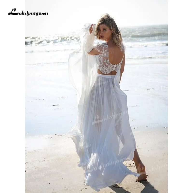 Roycebridal Unique Two Pieces Wedding Dresses Boat Neck Lace Top Cap-Sleeve And Chiffon Skirt Sweep Train Beach Bride Gowns robe de mariage