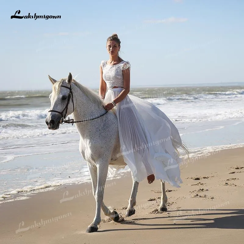 Roycebridal Unique Two Pieces Wedding Dresses Boat Neck Lace Top Cap-Sleeve And Chiffon Skirt Sweep Train Beach Bride Gowns robe de mariage