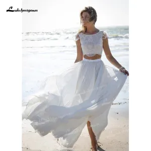 Roycebridal Unique Two Pieces Wedding Dresses Boat Neck Lace Top Cap-Sleeve And Chiffon Skirt Sweep Train Beach Bride Gowns robe de mariage