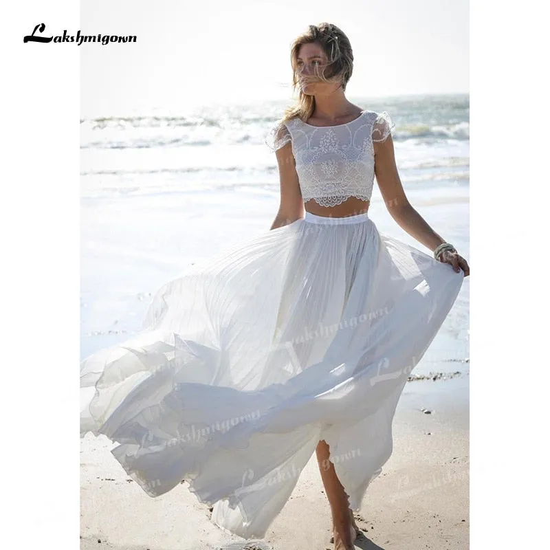 Roycebridal Unique Two Pieces Wedding Dresses Boat Neck Lace Top Cap-Sleeve And Chiffon Skirt Sweep Train Beach Bride Gowns robe de mariage