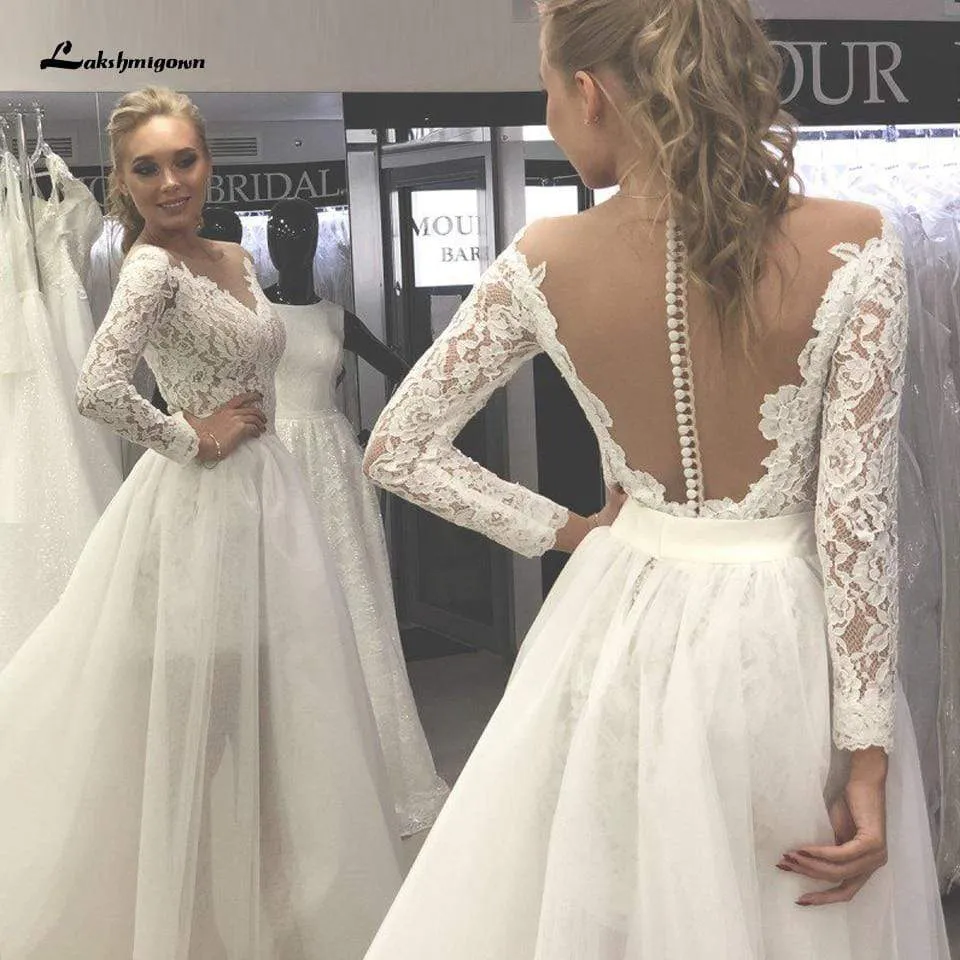 Roycebridal Vintage 2 Pieces Wedding Dress Lace Bodice Backless