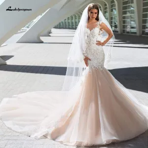 Roycebridal Vintage Champagne Wedding Dress Mermaid Style White Lace Appliques