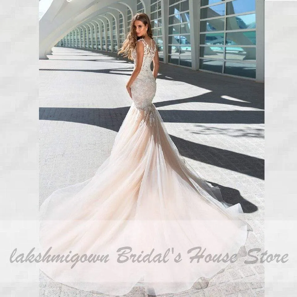Roycebridal Vintage Champagne Wedding Dress Mermaid Style White Lace Appliques