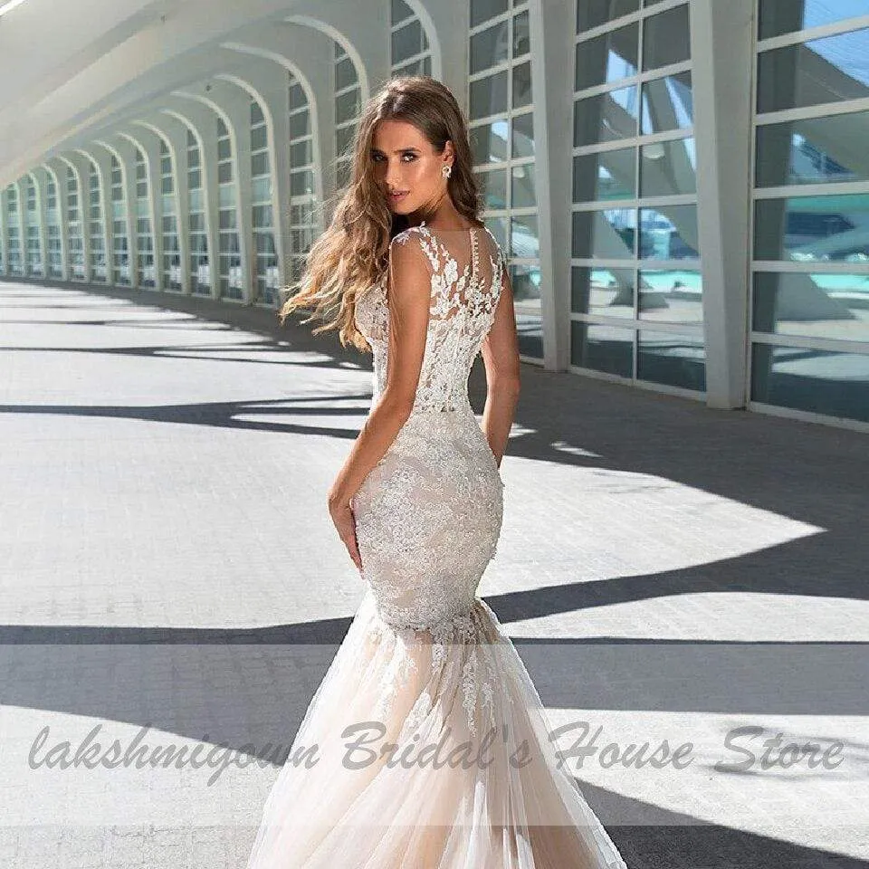 Roycebridal Vintage Champagne Wedding Dress Mermaid Style White Lace Appliques