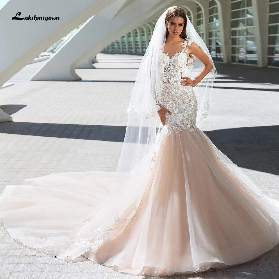 Roycebridal Vintage Champagne Wedding Dress Mermaid Style White Lace Appliques