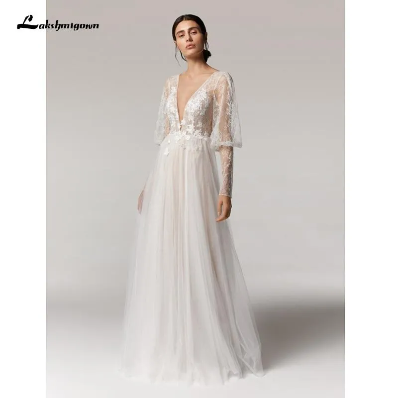 Roycebridal Vintage Deep V Champagne Wedding Dress A Line long sleeves