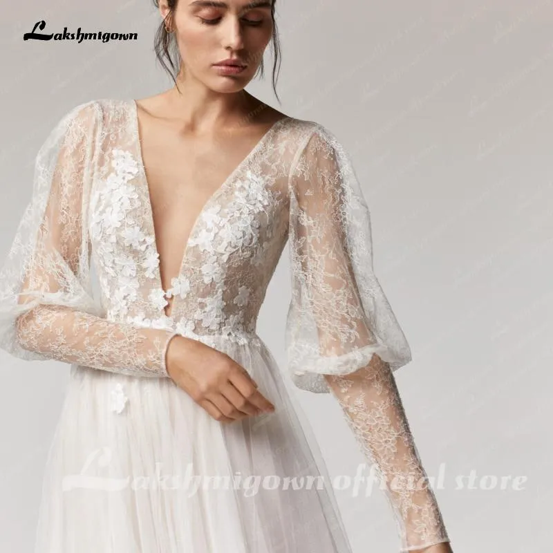Roycebridal Vintage Deep V Champagne Wedding Dress A Line long sleeves