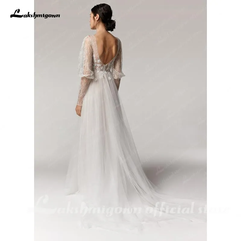 Roycebridal Vintage Deep V Champagne Wedding Dress A Line long sleeves