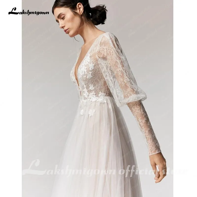 Roycebridal Vintage Deep V Champagne Wedding Dress A Line long sleeves