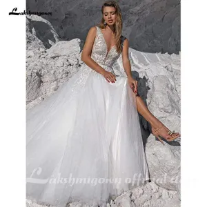 Roycebridal Vintage Glitter Sequin Beach Wedding Dress