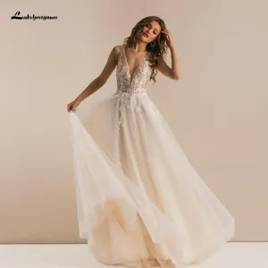 Roycebridal Vintage Lace Boho Wedding Dress Deep V-neck Champagne Bridal Gown