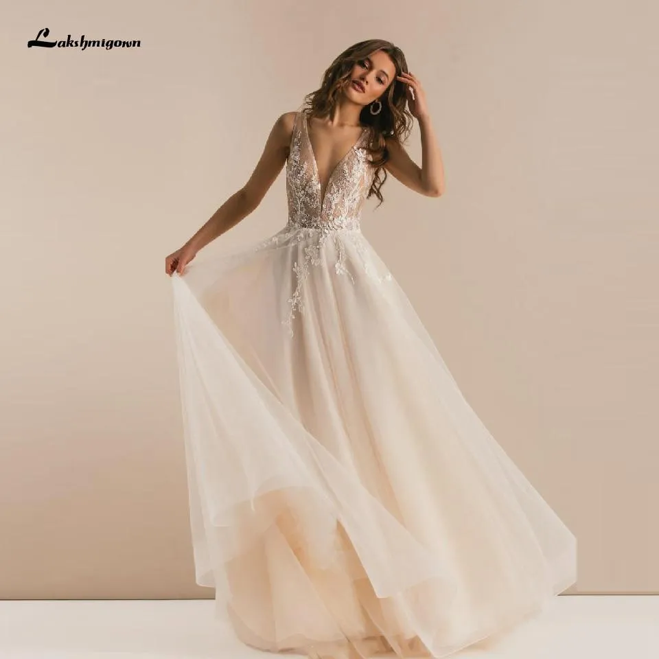 Roycebridal Vintage Lace Boho Wedding Dress Deep V-neck Champagne Bridal Gown