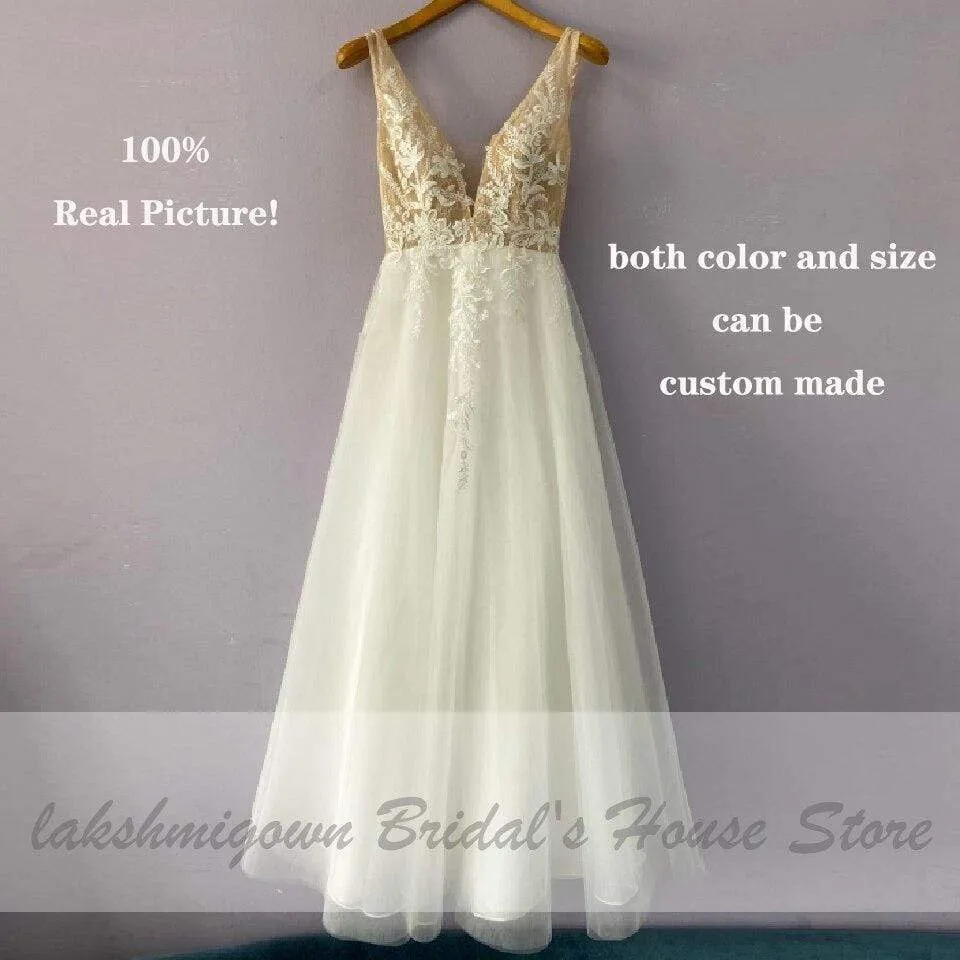 Roycebridal Vintage Lace Boho Wedding Dress Deep V-neck Champagne Bridal Gown
