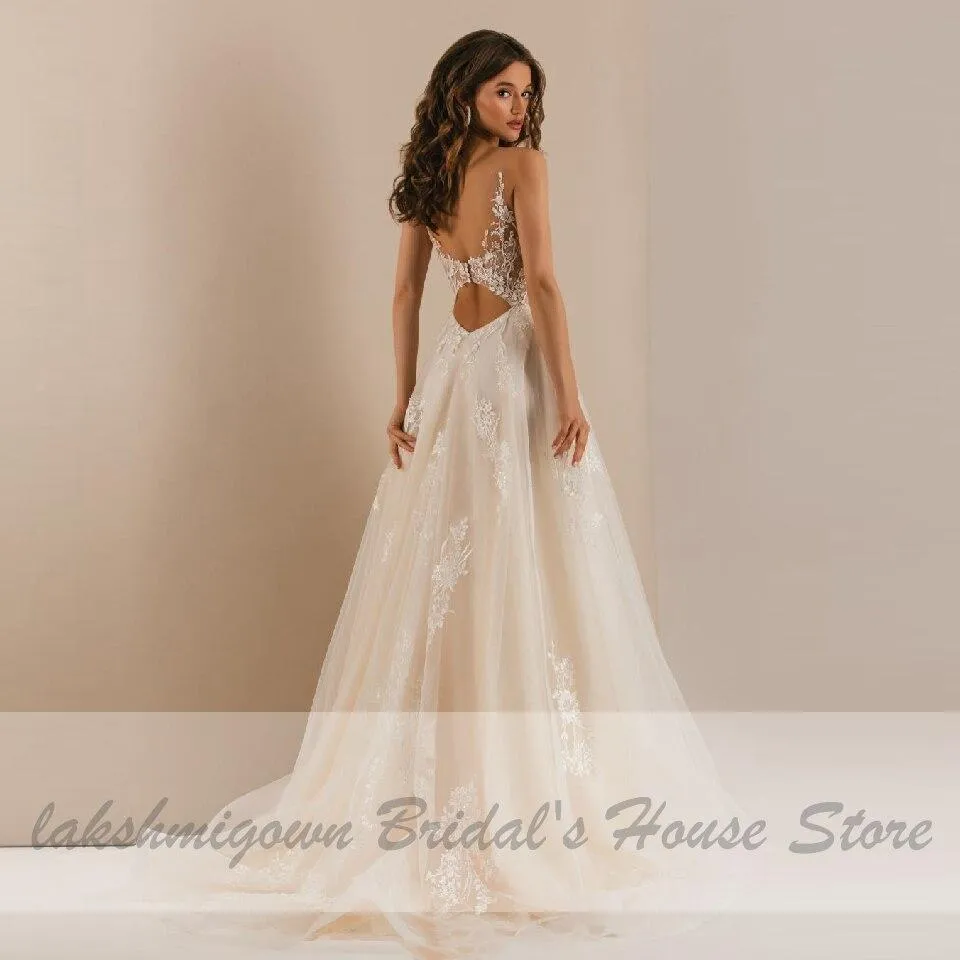 Roycebridal Vintage Lace Boho Wedding Dress Deep V-neck Champagne Bridal Gown